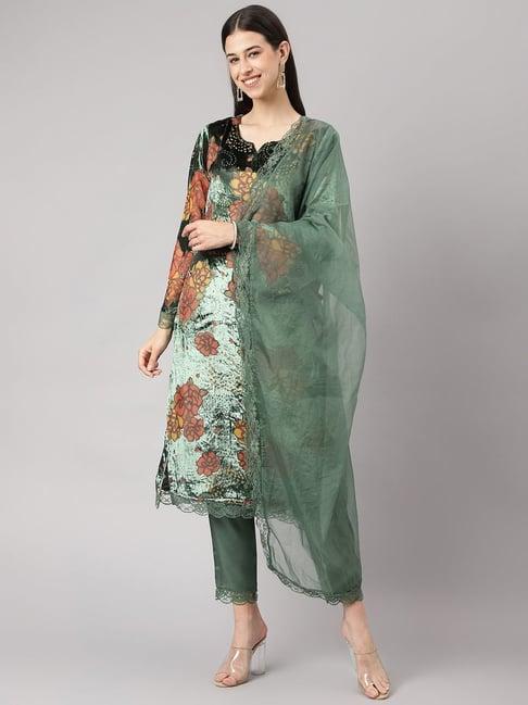divena green printed kurta pant set with dupatta