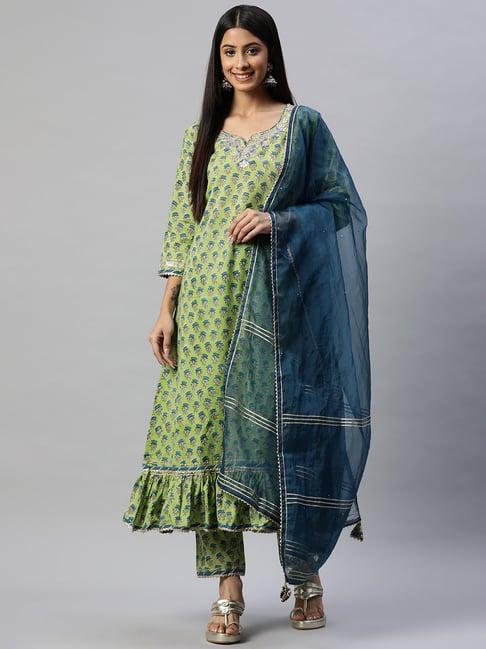 divena green pure cotton floral print kurta pant set with dupatta