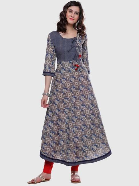 divena grey & blue cotton printed a line kurti