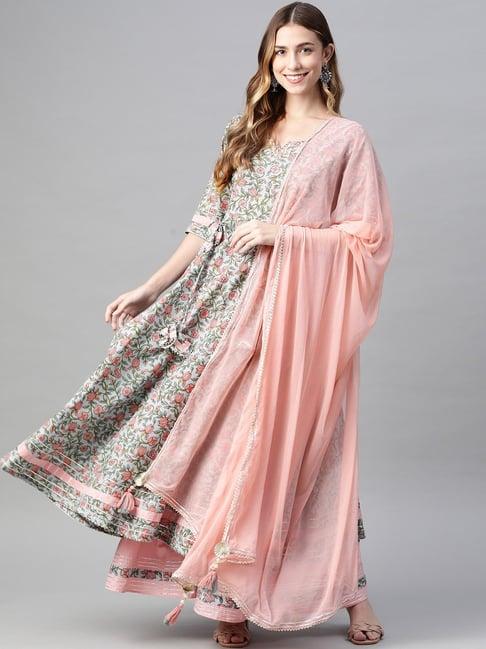 divena grey & pink cotton embellished kurta palazzo set with dupatta