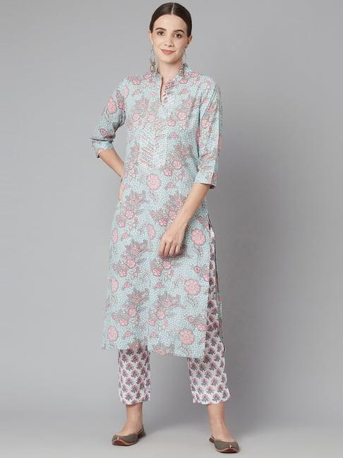 divena grey & white cotton printed kurta pant set