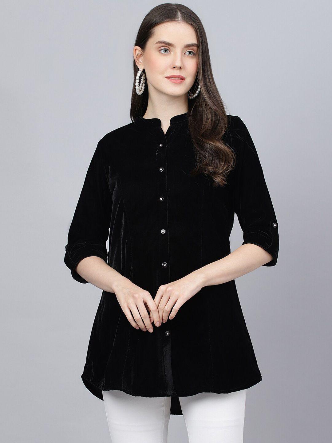 divena mandarin collar roll-up sleeves velvet top