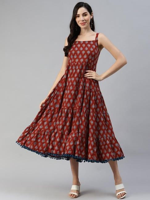 divena maroon & blue cotton printed a-line dress