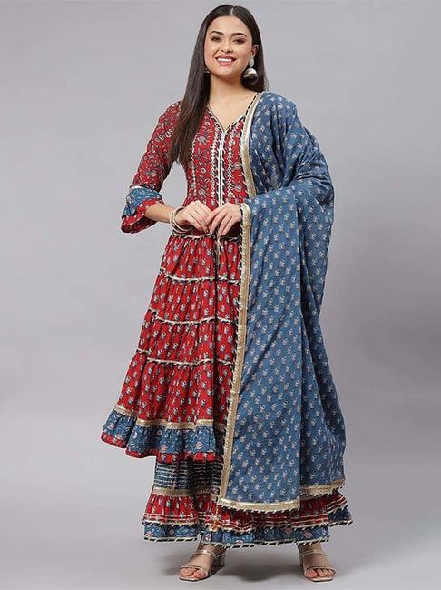 divena maroon & blue cotton printed kurta sharara set with dupatta