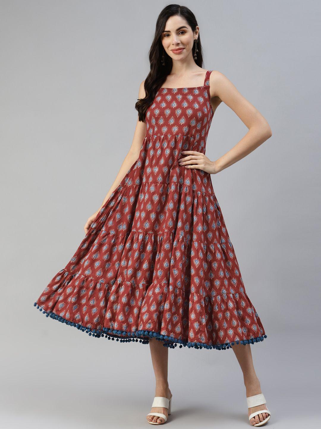 divena maroon & navy blue pure cotton ethnic a-line midi dress