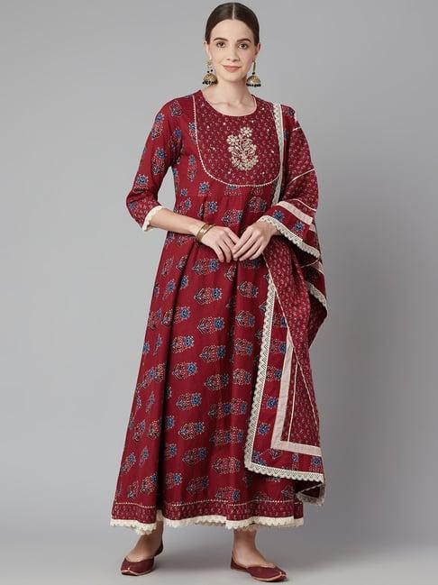 divena maroon cotton embellished kurta pant set with dupatta