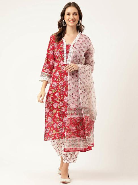 divena maroon cotton floral handblock print kurta with salwar & dupatta