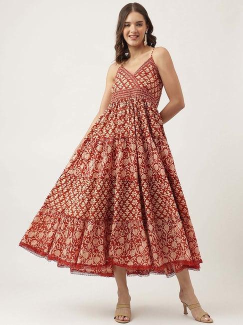 divena maroon cotton floral print a-line dress