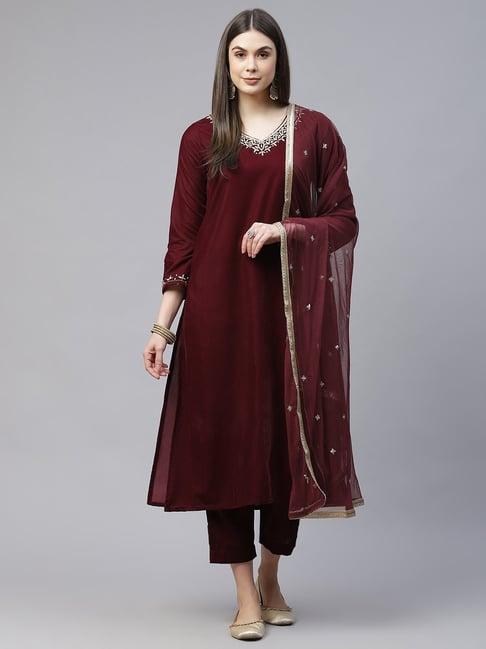 divena maroon embellished kurta with pant & dupatta