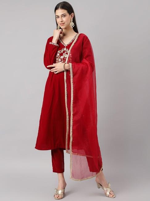 divena maroon embroidered kurta pant set with dupatta