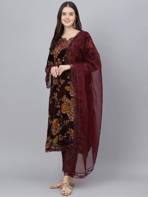 divena maroon floral print kurta pant set with dupatta