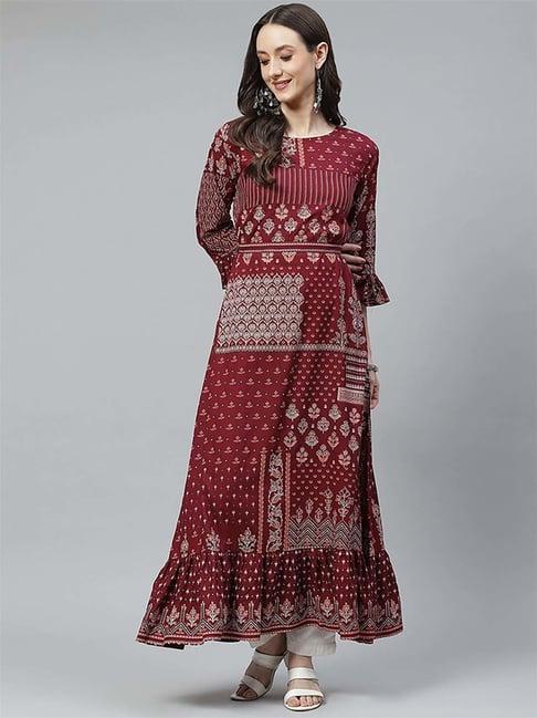 divena maroon rayon/viscose floral a line kurta