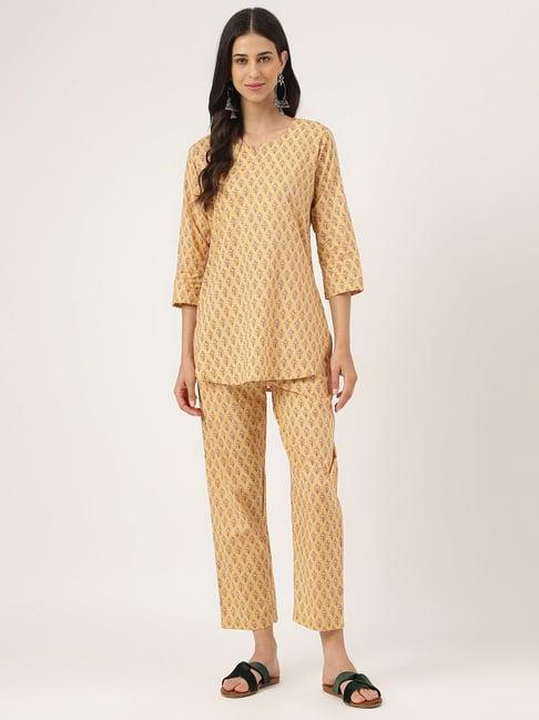 divena mustard cotton floral print tunic pant set