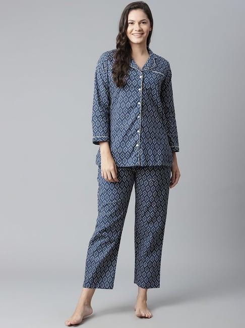 divena navy blue printed cotton top & pant set