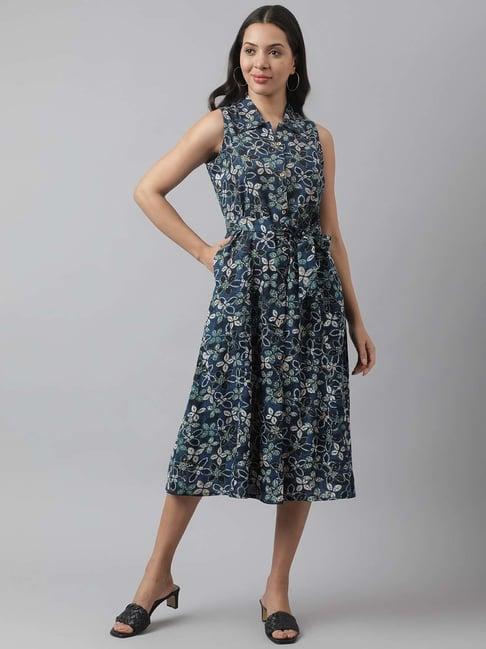 divena navy cotton floral print a-line dress