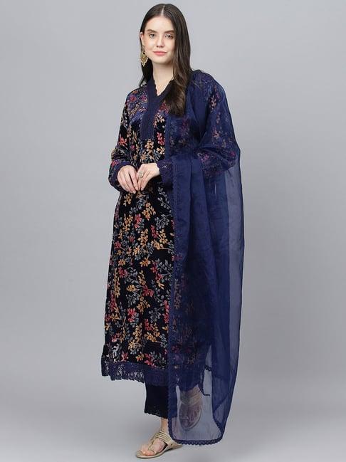 divena navy floral print kurta pant set with dupatta