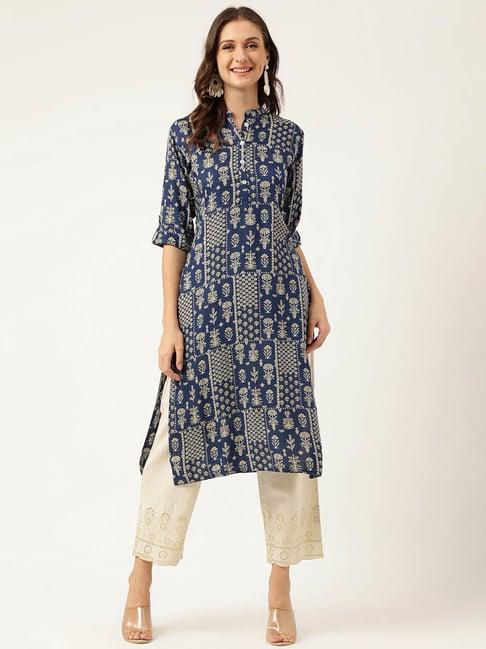 divena navy floral print straight kurta