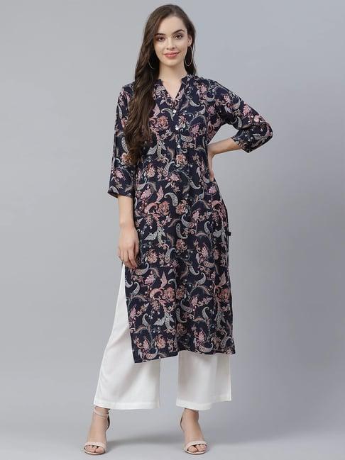 divena navy printed straight kurta