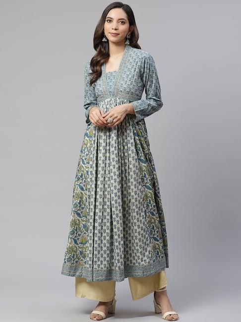 divena off-white & blue cotton embellished a line kurta