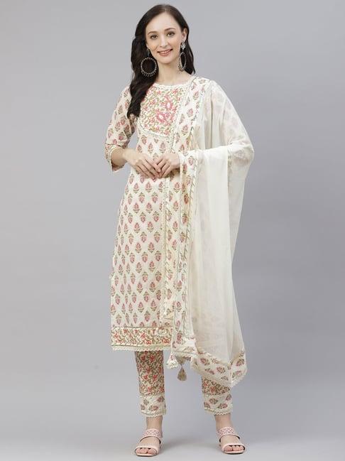 divena off-white cotton embellished kurta pant set with dupatta