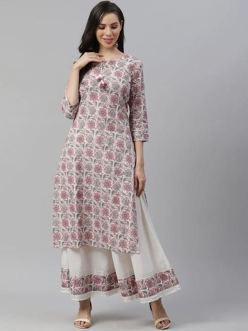 divena off-white cotton printed kurta palazzo set