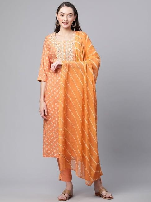 divena orange printed kurta pant set with dupatta