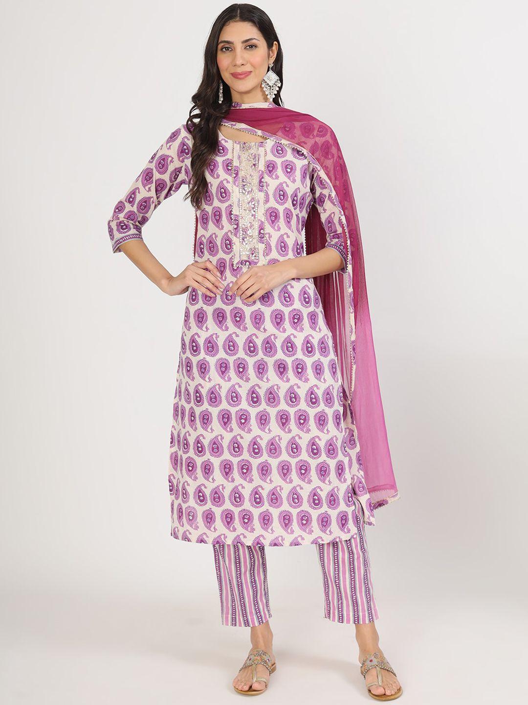 divena paisley printed pure cotton straight kurta with trousers & dupatta