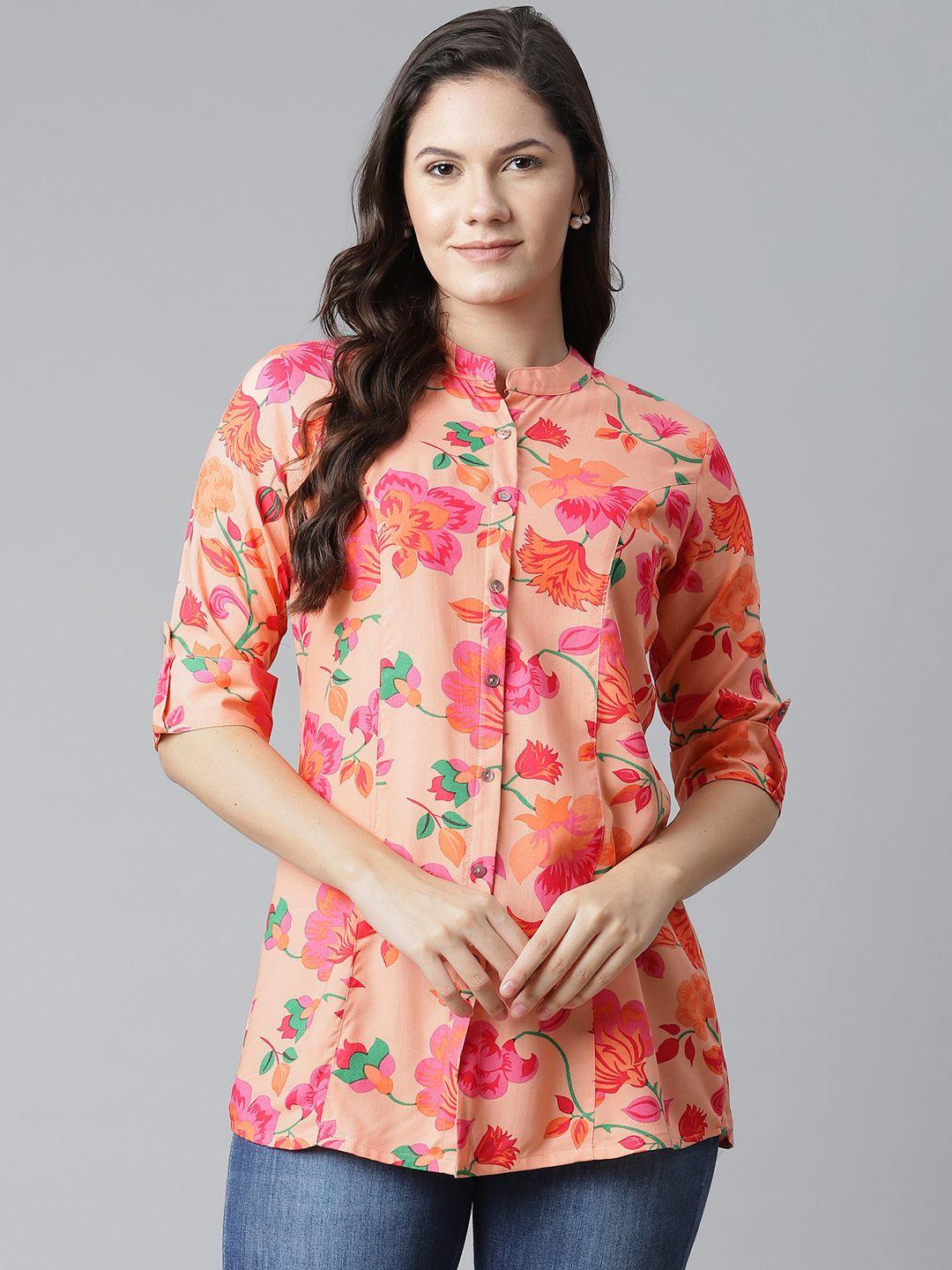 divena peach-coloured & green floral print mandarin collar shirt style top