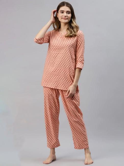 divena peach printed top with pyjama set