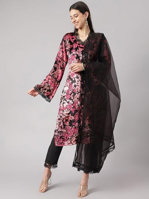 divena pink & black printed kurta pant set with dupatta