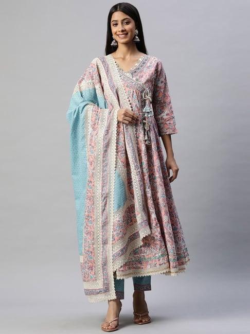 divena pink & blue pure cotton floral print kurta pant set with dupatta