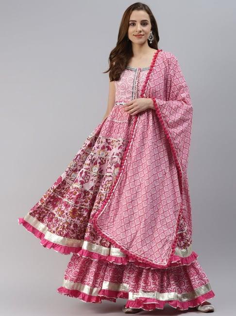 divena pink cotton embellished kurta sharara set with dupatta