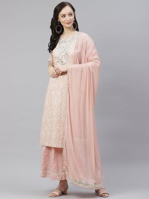 divena pink cotton embroidered kurta palazzo set with dupatta