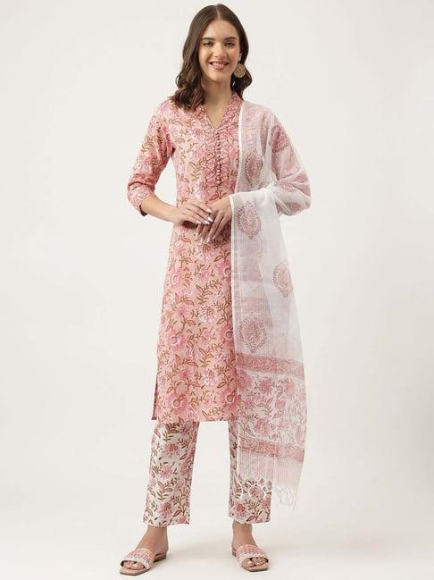 divena pink cotton floral print kurta pant set with dupatta