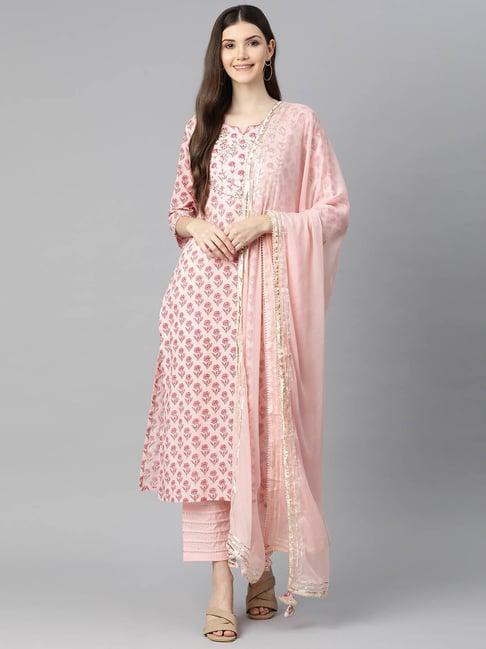 divena pink cotton floral print kurta pant set with dupatta