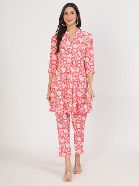 divena pink cotton floral print kurta pant set