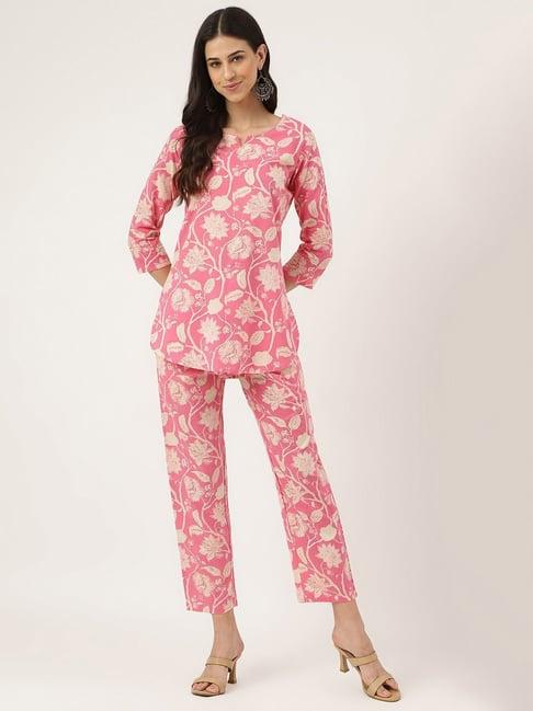 divena pink cotton floral print tunic pant set
