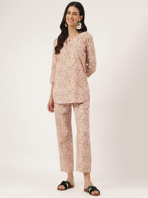 divena pink cotton floral print tunic pant set