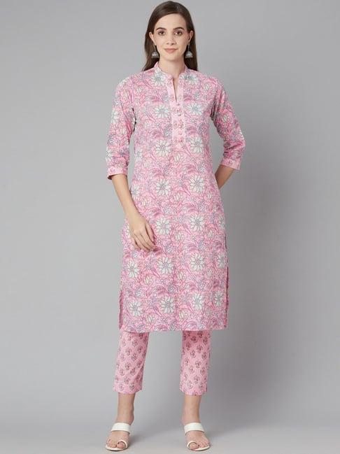 divena pink cotton printed kurta pant set