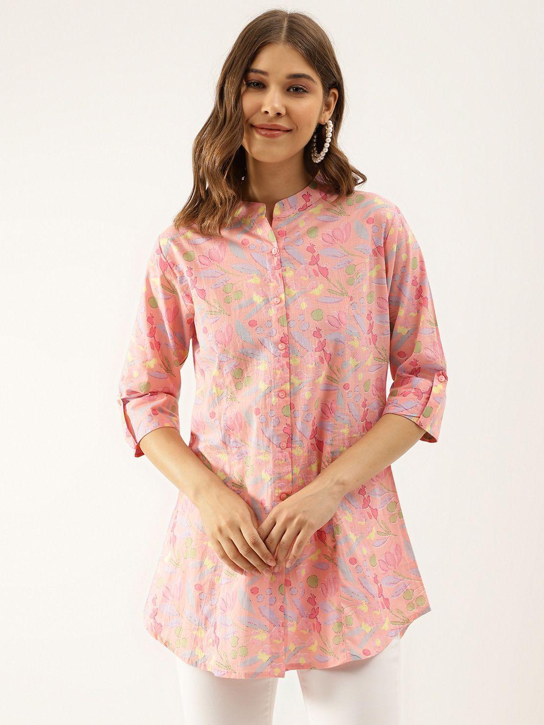 divena pink floral print mandarin collar cotton shirt style top