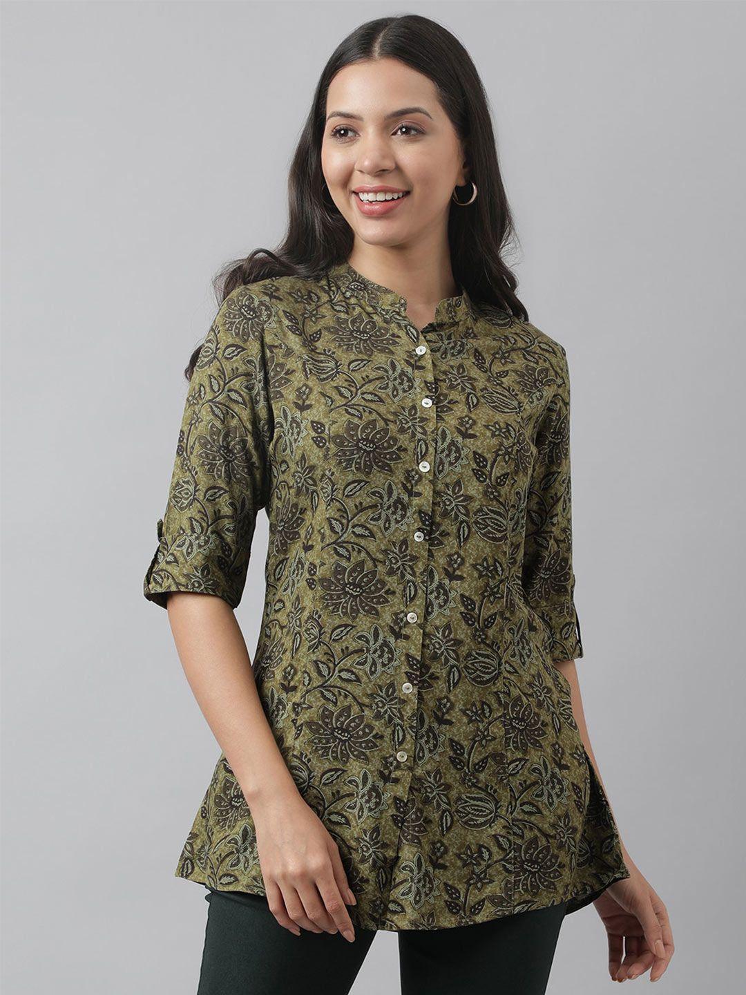 divena print mandarin collar roll-up sleeves shirt style top