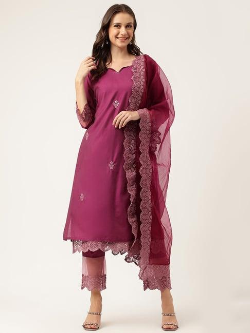 divena purple chanderi embroidered kurta inner with pant & dupatta