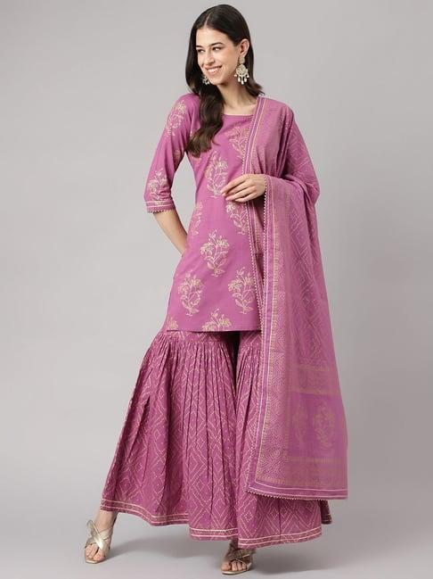 divena purple cotton printed kurta sharara set with dupatta