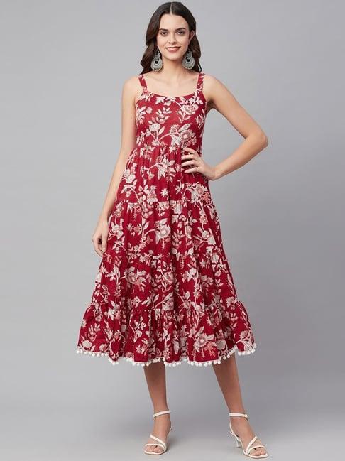 divena red & white cotton floral print a-line dress