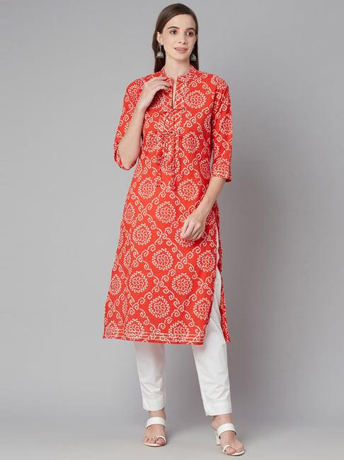 divena red cotton printed straight kurta