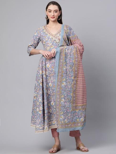 divena sky blue & peach cotton printed kurta pant set with dupatta