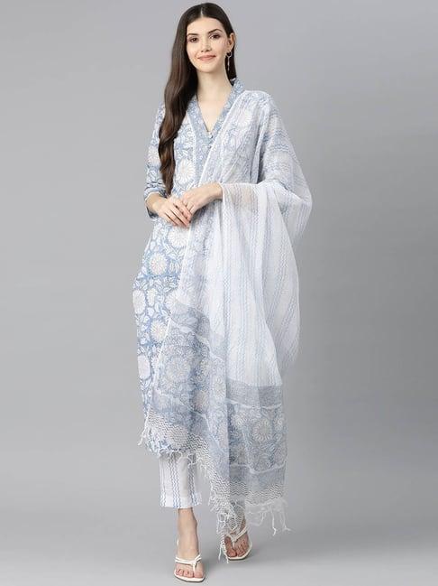 divena sky blue & white cotton floral print kurta pant set with dupatta