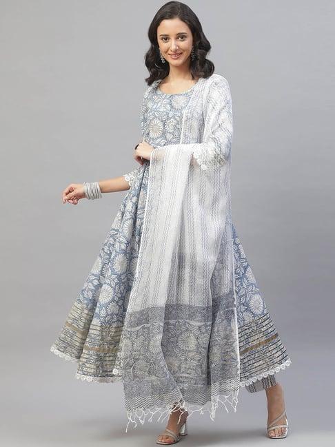 divena sky blue & white cotton floral print kurta pant set with dupatta