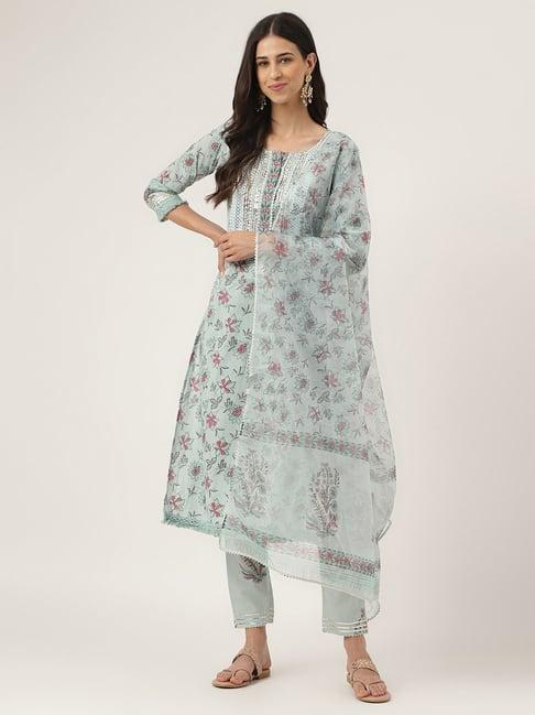 divena sky blue cotton embroidered kurta pant set with dupatta