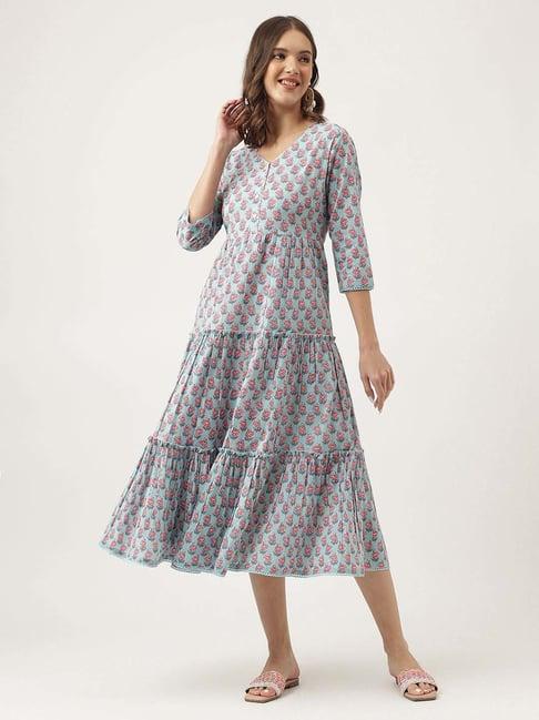 divena sky blue cotton floral print a-line dress